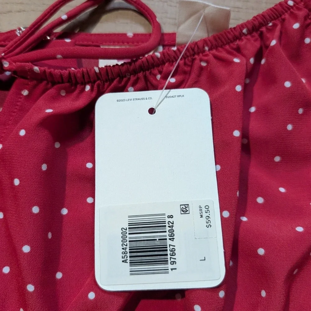 Levi's Polka Dot Mini SunDress Puff Sleeve Tie Front‎ Red country western Size L - Picture 2 of 6